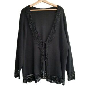 ADDITION ELLE Fine Knit Open Front w/ Tie Cardigan Lace Hem Black Sz 2X